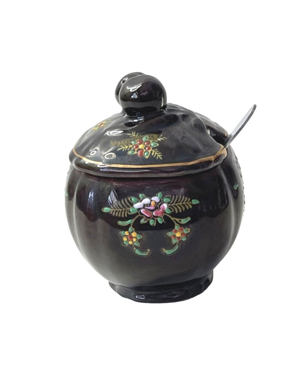 Vintage Moirage Sugar Bowl Redware Brown Enamel Condiment Jar Hand Painted Japan